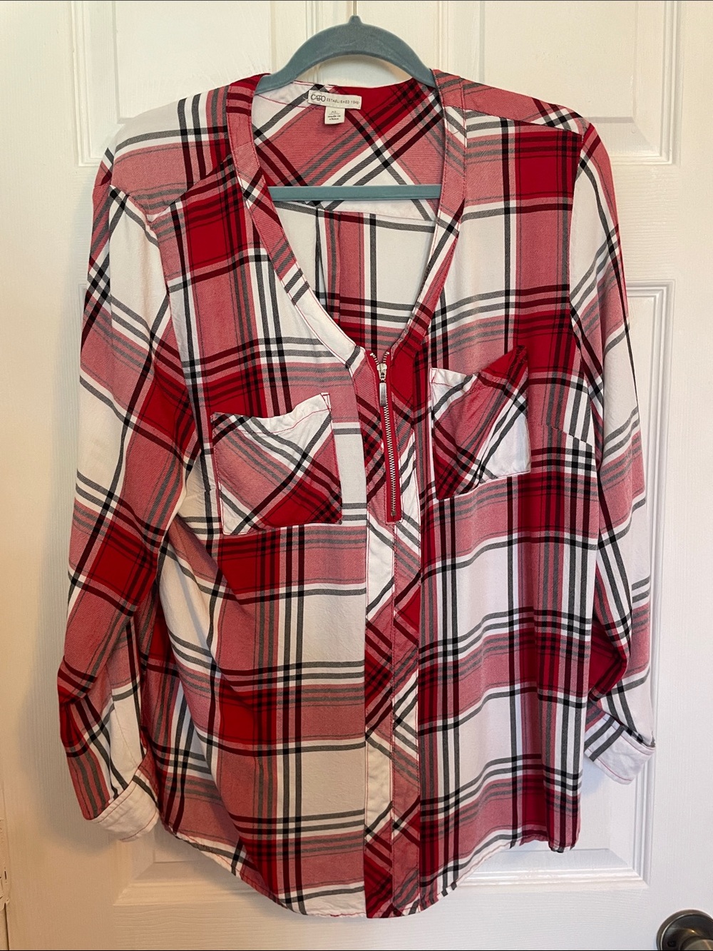 Cato Red and White Plaid Half-Zip Top